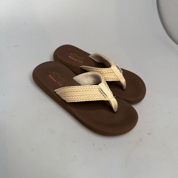 Skechers Cali Asana Women’s US Size 8 Yoga Foam Flip Flops Cream Brown Knit - Picture 2 of 16
